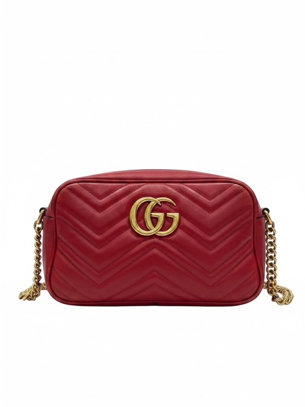 Authentic Gucci GG Marmont Small Camera Bag Hibiscus Red Matelassé Calfskin